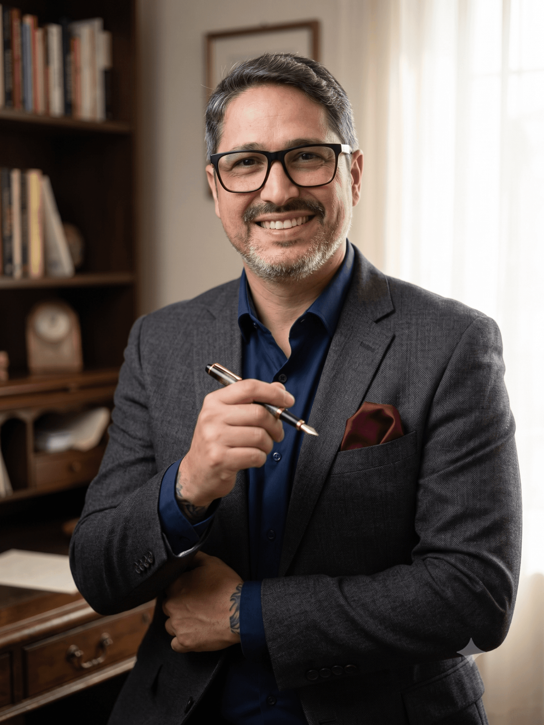 Portrait of Rodrigo Gambini standing in an office with a bookshelf, holding a pen